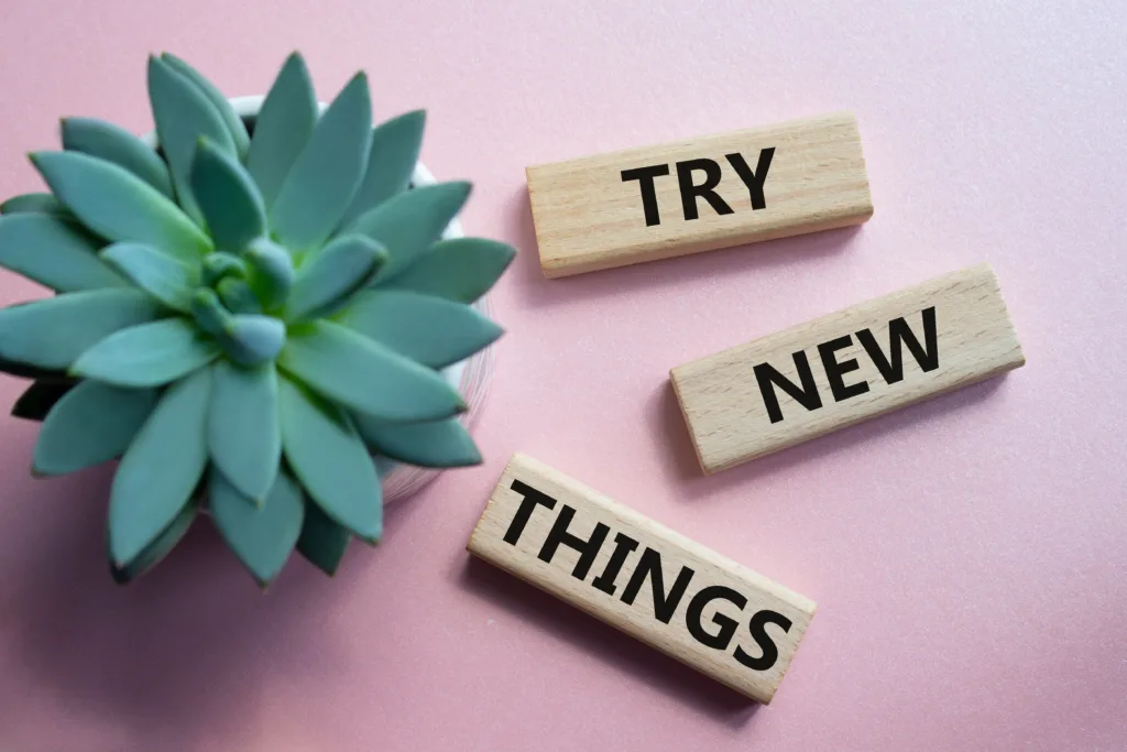 A top-view image of a green succulent plant next to three wooden blocks on a pink surface. Each block has a word printed on it, forming the phrase “Try New Things.”