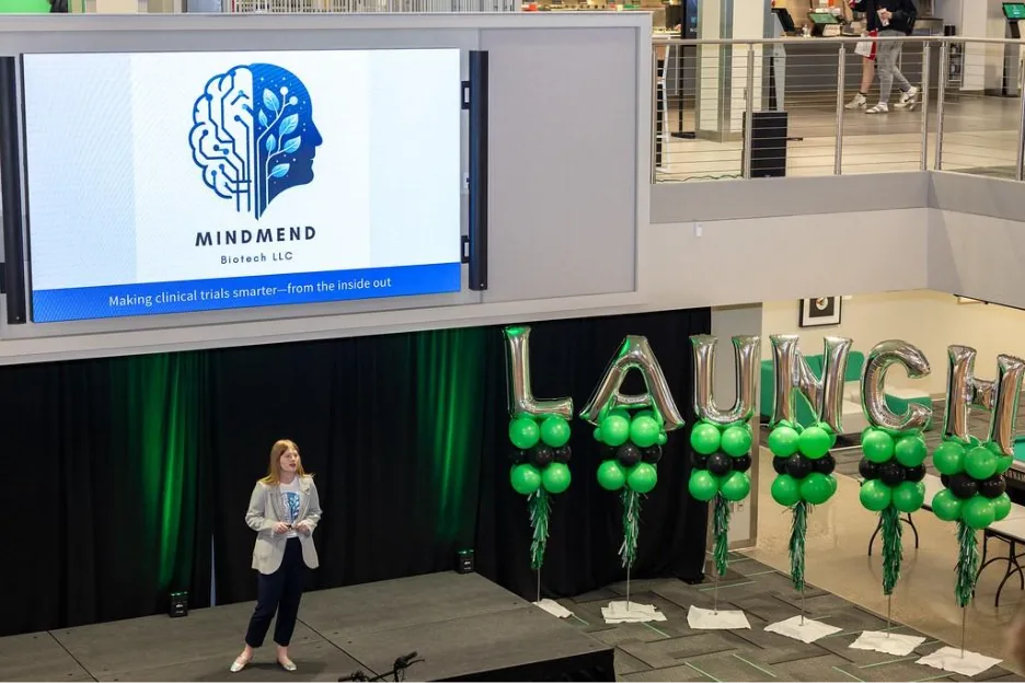 Terry presenting at the LAUNCH: Demo Day event at the UND Memorial Union. Photo by Mark Maliskey or Mark Maliskey Photography, Grand Forks.