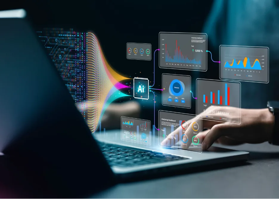 Analyst or Scientist uses Artificial Intelligence for analysis of information on complex data sets on computer.