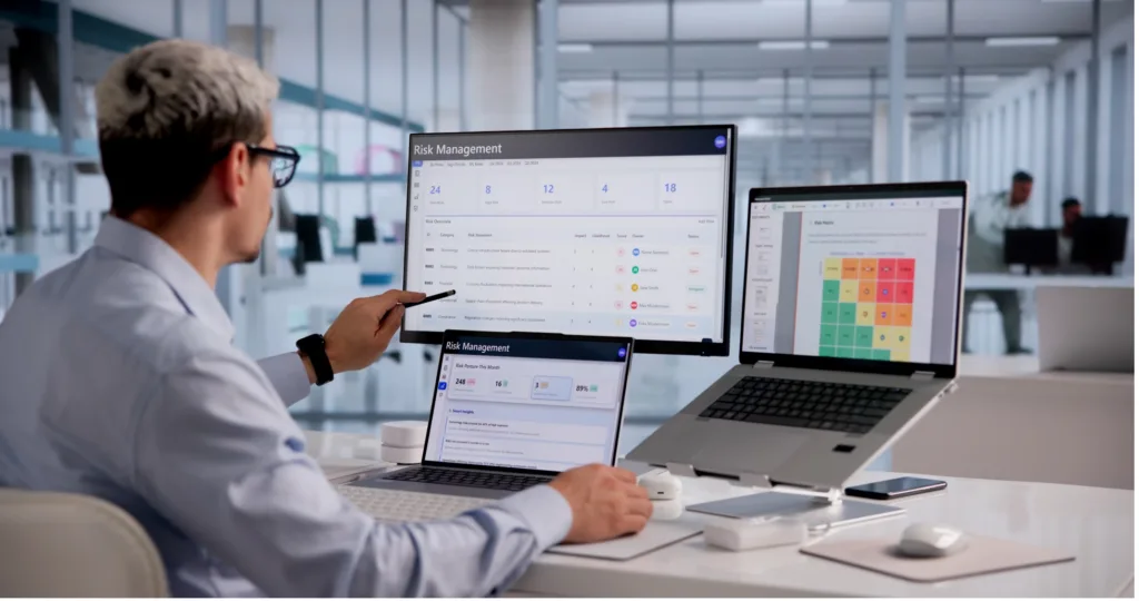 Business analyst evaluating cybersecurity threats on multiple laptops.
