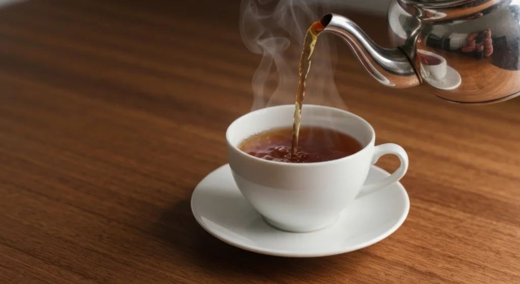 Hot tea being poured into a white teacup, on a wooden table