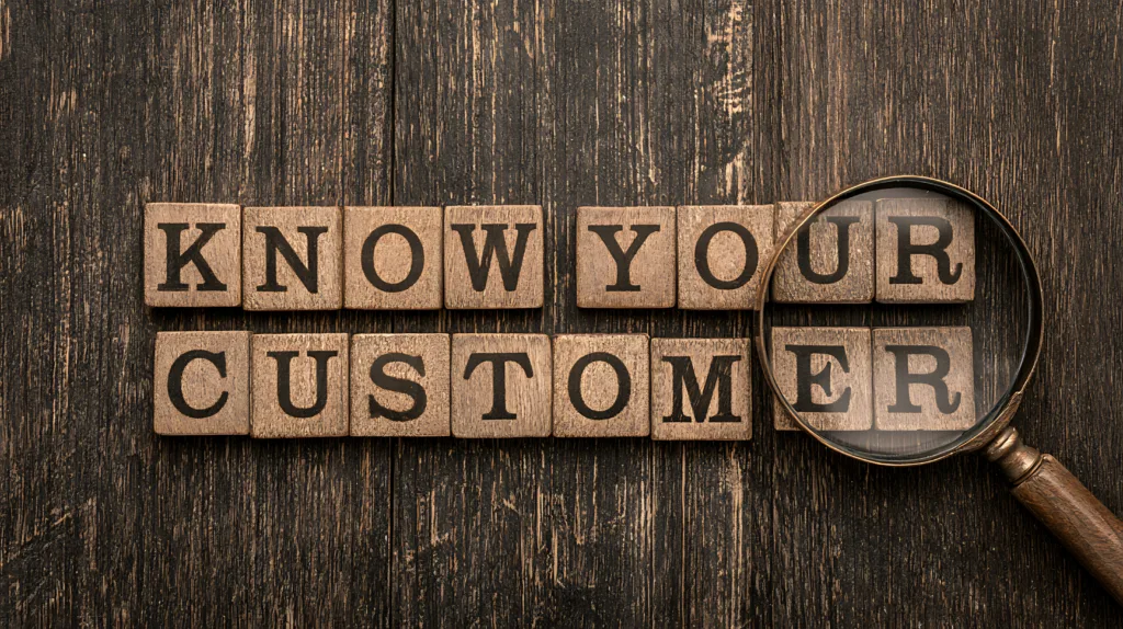 Know your customer conceptual phrase spelled with wooden letter blocks and magnifying glass.